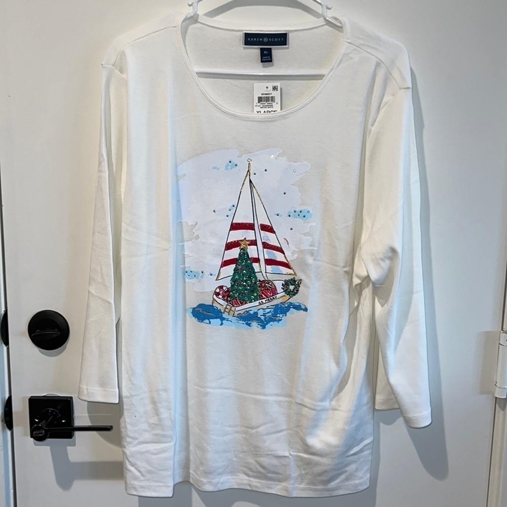 NWT Karen Scott Winter White Whimsy Christmas Sailboat Long Sleeve XL